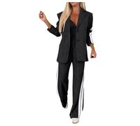 Traje de mujer elegante de 2 piezas, traje de negocios, traje de ocio, traje de boda, juego de manga larga, cuello vuelto, blazer con botón y pantalones de traje rectos para exteriores, R negro., 4XL