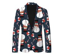 Traje de Navidad con estampado de copo de nieve y Papá Noel, solapa y botones, estilo dos hombres, chaqueta impermeable para caza, azul marino, L