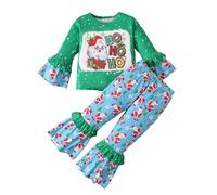 Traje de Navidad para niños, traje de fiesta para niñas, dos piezas, con top estampado de Papá Noel y pantalones, muñeco de nieve, mangas acampanadas festivas, traje de invierno(verde, 4-5 años)