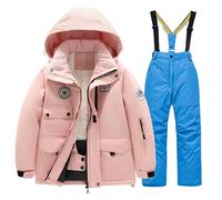 Traje de nieve con forro polar para niños y niñas, 2 piezas, cálido, acolchado, térmico, con cremallera, con capucha, grueso, térmico, resistente al viento, azul, 10-11 años