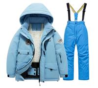 Traje de nieve para niños y niñas, con forro polar, 2 piezas, acolchado, cálido, acolchado, cálido, cálido, con cremallera, con capucha, overol grueso y resistente al viento, azul, 10-11 años