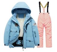 Traje de nieve para niños y niñas, con forro polar, 2 piezas, acolchado, cálido, acolchado, cálido, cálido, con cremallera, con capucha, overol grueso y resistente al viento, rosa, 11-12 años