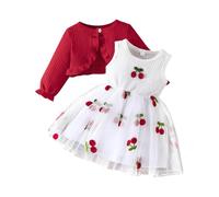 Traje de niña de dos piezas Cárdigan de manga larga pequeña capa impresa cereza vestido de pañales de malla casual de 9 meses-4 años(rojo, 3-4 años)