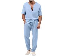 Traje de ocio para hombre elegante - Traje de verano con cuello en V, traje de trabajo, camiseta suave y cómoda, manga corta + pantalones de verano, traje de verano monocolor, traje de verano ligero