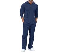 Traje de ocio para hombre, traje de lino de 2 piezas, con cremallera, sudadera con capucha y pantalones de ocio, transpirable, deportivo, para primavera y otoño, chándal, azul marino, XXL