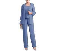 Traje de pantalón de 3 piezas de gasa para madre de la novia con corpiño de encaje, conjunto para invitados de boda, vestido de noche formal, azul, 42