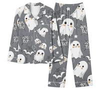 Traje de pantalón de Halloween para mujer con parte superior de manga larga, tira de botones, cintura elástica, tela suave para un sueño reparador, idea de regalo ideal para fans de los escalofríos