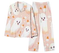 Traje de pantalón de Halloween para mujer con parte superior de manga larga, tira de botones, cintura elástica, tela suave para un sueño reparador, idea de regalo ideal para fans de los escalofríos