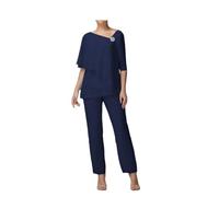 Traje de pantalón para madre de la novia, 2 piezas para mujer, traje formal de gasa para invitados de boda, azul marino, 50