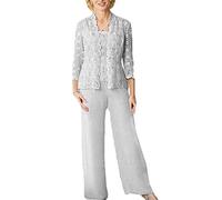 Traje de pantalón para mujer, chaqueta de encaje, talla grande, manga completa, vestido de madre de la novia, color plateado, Color plateado, 54
