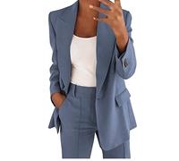 Traje de pantalón para mujer de negocios 2 piezas - Blazer largo elegante para mujer, conjunto de traje de dos piezas de manga larga con bolsillo, chaqueta de solapa, traje de fiesta monocolor, azul