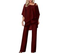 Traje de pantalón para mujer, elegante, para invitada de boda, traje formal de gasa de 2 piezas, talla grande, para graduación, noche, traje de dos piezas, traje de madre de la novia, #02 Rojo, XXL