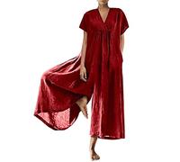 Traje de pantalón para mujer, mono de lino con solapa para mujer, elegante mono de color sólido con botón de verano, talla grande, mono largo y holgado, pierna ancha, X01-rojo, XXXXL