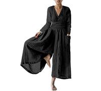 Traje de pantalón para mujer, mono de lino con solapa para mujer, elegante mono de color sólido con botón de verano, talla grande, mono largo y holgado, pierna ancha, X02-negro, XL