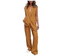 Traje de pantalón para mujer, traje de dos piezas, conjunto de solapa, traje de oficina, traje de ocio, elegante, cuello en V, sin mangas, chaleco blazer y pantalones de pierna ancha, conjunto