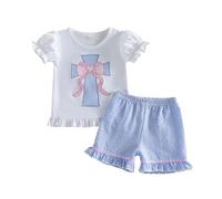 Traje de Pascua para niñas: camiseta sin mangas con pantalones cortos de encaje, de dos piezas, para celebración en la iglesia, azul, 3-4 años