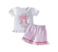 Traje de Pascua para niñas: camiseta sin mangas con pantalones cortos de encaje, de dos piezas, para celebración en la iglesia, rojo, 12-18 meses