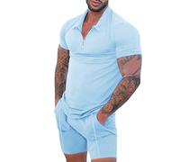 Traje de playa para hombre Haiwaii - Traje de ocio con polo y pantalones cortos de verano, traje de trabajo monocolor, elegante, traje de verano, ligero, transpirable, traje de salón informal para
