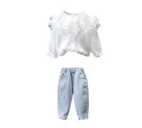 Traje de primavera de estilo extranjero para bebés y niñas, a la moda, red de mezclilla roja, conjunto de dos piezas con diadema a juego (blanco, 18-24 meses)