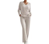Traje de punto de dos piezas para mujer, traje de ocio, cuello de pico, traje de pantalón, manga larga, jersey de punto acanalado + pantalón recto, traje de deporte, traje de casa suave, conjunto de