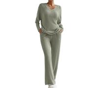 Traje de Punto de Dos Piezas para Mujer, Conjunto de Traje de Ocio Suave con Cuello de Pico, Manga Larga y Jersey de Punto Acanalado + Pantalón Recto, Ideal para Deporte y Casa