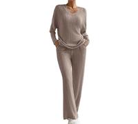 Traje de Punto de Dos Piezas para Mujer, Conjunto de Traje de Ocio Suave con Cuello de Pico y Manga Larga, Jersey de Punto Acanalado + Pantalón Recto, Traje de Deporte y Casa