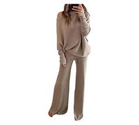 Traje De Punto De Dos Piezas Para Mujer - Top De Manga Larga Elegante Con Pantalones De Piernas Anchas - Conjunto De Suéter Y Jogging
