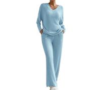Traje de punto de dos piezas para mujer, traje de ocio, cuello de pico, traje de pantalón, manga larga, jersey de punto acanalado + pantalón recto, traje de deporte, traje de casa suave, conjunto de