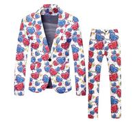 Traje de San Valentín para hombre, 2 piezas, corte ajustado, traje de fiesta divertido, elegante blazer Sakko pantalones Set para citas con estampado de corazón y pantalones parciales, azul, L