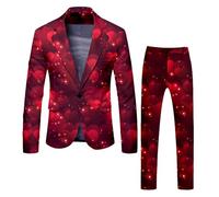 Traje de San Valentín para hombre, 2 piezas, corte ajustado, traje de fiesta divertido, elegante blazer Sakko pantalones Set para citas con estampado de corazón y pantalones parciales, Vino, XXL