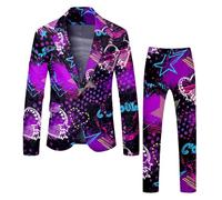 Traje de San Valentín para hombre, 2 piezas, corte ajustado, traje de fiesta divertido, elegante blazer Sakko pantalones Set para citas con estampado de corazón y pantalones parciales, morado, XXL