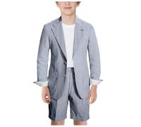 Traje de sirsaca a rayas para niños, conjunto de 2 piezas, ligero, blazer y pantalones cortos para verano, bodas, fiestas, azul marino, 5 años