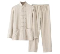 Traje de Tai Chi para hombre Tang Estilo Chino Manga Larga Algod贸n Lino Camis Pantalones 2 Divisiones Ropa Tradicional Artes Marciales Transpirable Kung Fu Uniforme Conjunto Tangzhuang