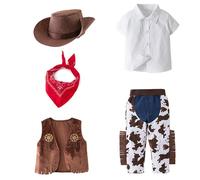 Traje de Vaquero para Niños Completo 5 Piezas Disfraz de Cowboy con Sombrero de Ala Ancha, Chaleco, Camiseta Pantalón de Rodeo y Pañuelo Rojo Ideal para Fiestas, Teatro o Juego Simbólico Infantil