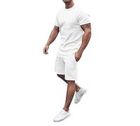 Traje de verano para hombre de 2 piezas, chándal deportivo, traje de ocio, pantalones cortos cómodos y camiseta corta, conjunto informal y transpirable, traje corto de dos piezas para hombres, Blanco