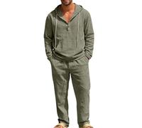 Traje de verano para hombre, transpirable, traje de ocio, ligero, 2 piezas, traje de jogging, de lino y algodón, traje deportivo de lino para hombre, traje de fitness de dos piezas con botones