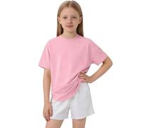 Traje deportivo de 2 piezas para niñas, camiseta de manga corta de cuello redondo de gran tamaño, pantalones cortos rectos elásticos con volantes, transpirables para clases en el aula y juegos al aire