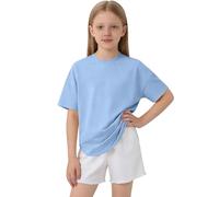 Traje deportivo de 2 piezas para niñas, camiseta de manga corta de cuello redondo de gran tamaño, pantalones cortos rectos elásticos con volantes, transpirables para clases en el aula y juegos al aire