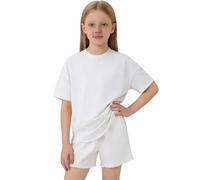 Traje deportivo de 2 piezas para niñas, camiseta de manga corta de cuello redondo de gran tamaño, pantalones cortos rectos elásticos con volantes, transpirables para clases en el aula y juegos al aire