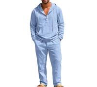 Traje deportivo de dos piezas para hombre de lino y algodón, 2 piezas, traje deportivo de dos piezas, traje deportivo ligero, traje de ocio, transpirable, traje de verano, informal, camisa de lino