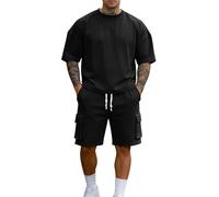 Traje deportivo para hombre de talla corta - Chándal con camiseta y pantalones cortos cargo Chándal monocolor elegante traje de verano fino transpirable tracksuit al aire libre fitness ropa deportiva