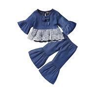 Traje Elegante para Niñas Conjunto de Dos Piezas Blusa con Volantes y Pantalones para Ocasiones y Uso Diario (Blue, 4-5 Years)