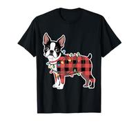 Traje Familiar de Boston Terrier con Luces navideñas a Cuadros Camiseta