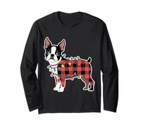 Traje Familiar de Boston Terrier con Luces navideñas a Cuadros Manga Larga