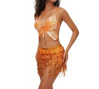 Traje Femenino Latino de 2 Piezas para Danza del Vientre con Flecos y Lentejuelas Top con Flecos Falda con Lentejuelas Bailarina de Samba y Rumba