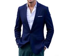 Traje formal de negocios para hombre, abrigo de un solo botón para traje ajustado, chaqueta de novio, boda, rojo vino, manga larga, elegante, talla L (azul oscuro)