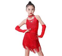 Traje infantil Drill Borla Falda Lentejuelas Vestido de Danza Latina Performance Concurso Conjunto de 4 para, rojo, 5-6 años