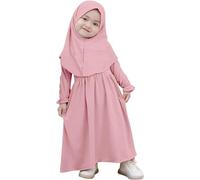 Traje Musulmán Chica Abaya Vestido largo con Hijab Velo Color Puro Ropa Tradicional Conjunto Completo(0-6 Months)