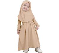 Traje musulmán niña Abaya vestido largo con velo Hijab color puro ropa tradicional conjunto completo (Khaki, 18-24 months)