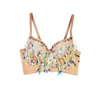 Traje noche sexy for discoteca bralette y top corto lentejuelas espalda | Top corto lentejuelas, bralette, traje noche for discoteca, ribete perlas, flecos, ropa interior Montisa, fibra poliéster